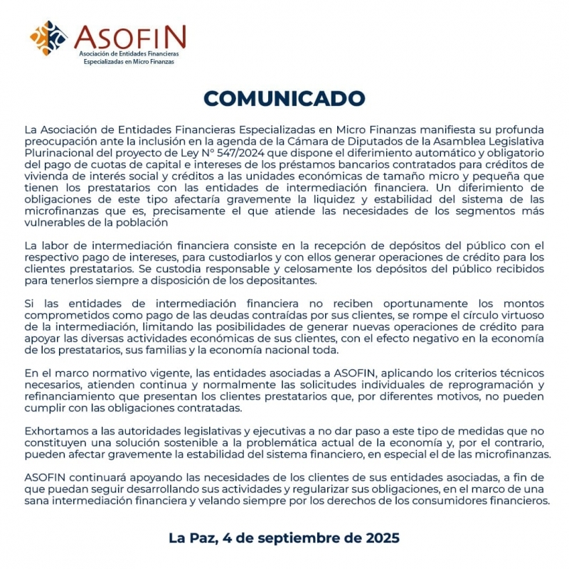 ASOFIN manifiesta su preocupación sobre proyecto de Ley 547/2024 